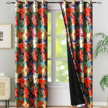 Imagem de Cortinas blecaute florais tropicais privacidade bloqueio de calor, flor laranja brilhante 182 centímetros de comprimento com amarração, cortinas de janela com estampa de hibisco colorido havaiano para