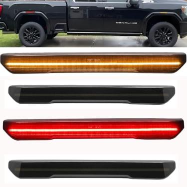 Imagem de autboom Luzes marcadoras laterais de para-lama de LED compatíveis com GMC Sierra 2500 HD 3500 HD 2020-2024 caminhonete âmbar frontal e lente fumada traseira vermelha