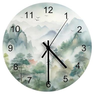 Imagem de Relógio de parede floresta, aguarela natureza floresta verde floresta planta montanha pássaros voadores relógios de parede operados por bateria silenciosos sem tique-taque relógios de madeira redondos