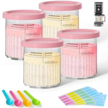 Imagem de GuanQiao Pacote com 4 canecas e tampas de creami deluxe para Ninja, 680 g, compatível com as máquinas de sorvete NC500 NC501 Series, com 4 colheres e 64 etiquetas graváveis, livre de BPA e lavável na