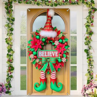 Imagem de BlissYard Believe Elf Door Banner 89 x 189 cm, decoração de Natal com guirlanda de poinsétia verde vermelha, pernas listradas e chapéu de Papai Noel, para exibição de boas-vindas ao outono, formatura