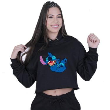 Imagem de Cropped Moletom Feminino Lilo Stitch Sapeca - Lafre, Preto, G