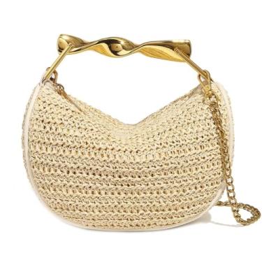Imagem de Bolsa clutch de palha feminina mini bolsa de verão moderna bolsa transversal de ombro com alça de corrente, Bege claro palha