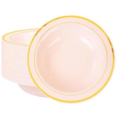 Imagem de Taças de plástico Nervure, pacote com 50, rosa com borda dourada, 350 