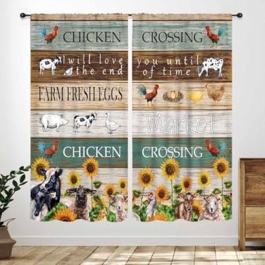 Imagem de Cortinas de animais de fazenda, vintage fazenda galinha vaca porco ocidental girassol decoração de cozinha, textura de madeira retrô cortinas de tratamento de animais para quarto, sala de estar, 2