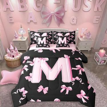 Imagem de Erosebridal Conjunto de edredom queen com laço rosa, rosa e preto, letra M, em uma bolsa com laço de coquete, fofo, conjunto de cama de 7 peças, moderno, moderno, com laço, edredom