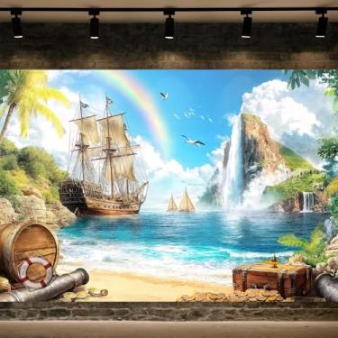 Imagem de 3,5 x 2,3 m, cenário de ilha de praia, oceano, paisagem marítima, palmeiras, fundo de navio pirata, caixa de tesouro, barris, moedas douradas, oceano, veleiro, barco, decoração de barco à vela, tema