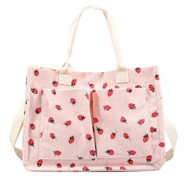 Imagem de PHWRECZ Sacola linda bolsa feminina remendada de morango de tecido de grande capacidade bolsa sacola durável, Rosa, Large