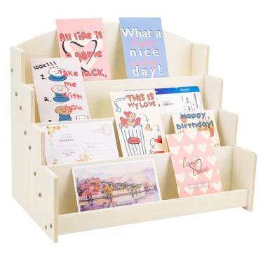 Imagem de Aubeco Suporte de exibição de cartão de felicitações de madeira de 4 níveis, suporte organizador de adesivos, prateleira de fotos de varejo para coleção de artesanato, lojas de varejo, cartões postais