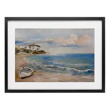 Imagem de Stupell Industries Impressão emoldurada em preto com cenário de barco a remo Shoreline, design de Ruane Manning, 43 x 58 cm