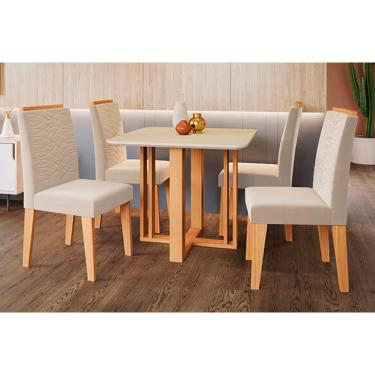 Imagem de Conjunto: Mesa Sala Jantar Flora c/ Tampo Madeirado c/ Vidro 95x95cm e 4 Cadeiras Clarice Savana-Nature-Madeirado/Suede Nude Bege - Cimol