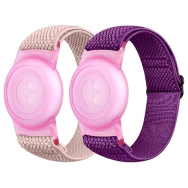 Imagem de PBFairyy Pulseiras elásticas de nylon para Apple AirTag, pacote com 2 pulseiras de relógio de nylon compatíveis com AirTag, pulseiras ajustáveis antiperda para crianças mais velhas