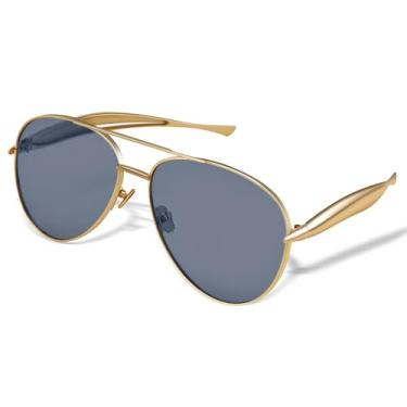 Imagem de NULOOQ Óculos de sol aviador dourados grandes para mulheres e homens, armação de metal retrô aviadores dos anos 70, C4* Armação dourada/lente cinza, G