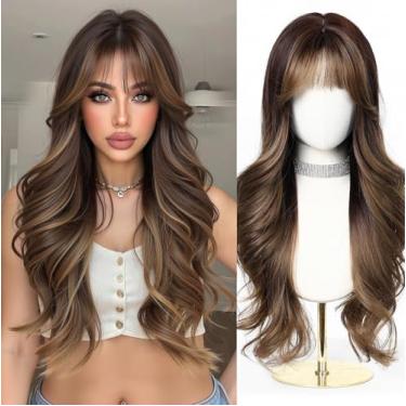Imagem de Esmee Perucas Longas Onduladas Marrons para Mulheres com Franja Peruca Sintética Natural para Uso Diário e Festa