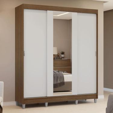 Imagem de Guarda-roupa Casal Com Pés 3 Portas De Correr Com Espelho Rustic/branco Reno Madesa