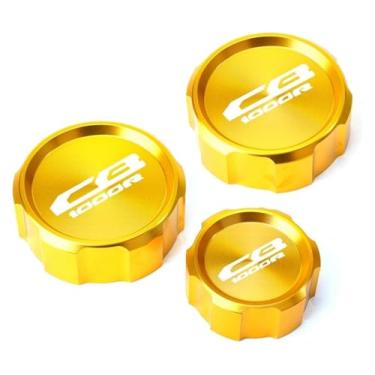 Imagem de Acessórios para motocicletas, tampas de reservatório de fluido de freio da embreagem dianteira traseira compatível com CB1000R CB 1000R Cb1000 R 2009-2015 2016 (3 tampas douradas)