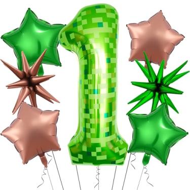 Imagem de 7Pcs 40 inch Green Pixel Pattern Number 1 Balloon Set with Exploding Star and Star Foil Balloons for Birthdays and Themed Parties