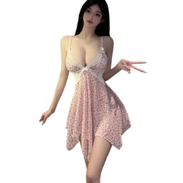 Imagem de Temptshow Camisola feminina com suspensório de malha floral cosplay perspectiva sexy renda vazada (rosa 1)