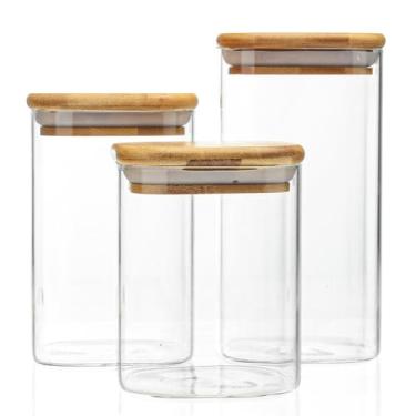 Imagem de Potes Hermeticos Bambu, Kit Pote Hermético Vidro Tampa de Bambu Quadrado Porta Mantimentos 3 Peças Resistente, Adequado Para Armazenar Grãos E Produtos Secos