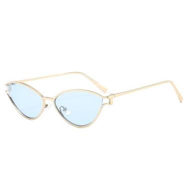 Imagem de Óculos de sol estilo gatinho feminino, vintage, pequeno, oval, punk, armação de metal, óculos de sol femininos, retrô, C4, dourado e azul, 133 mm