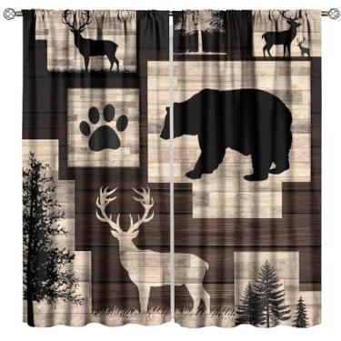 Imagem de Fblifil Cortina rústica, urso, animais, veado, floresta, vida selvagem, cabana de madeira, acampamento, acampamento, estampa animal, varão, bolso para varão, cortinas de janela para quarto, sala de