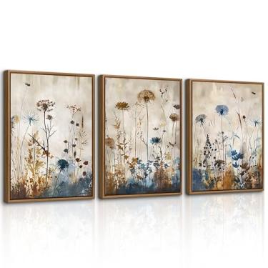 Imagem de WENGTIAO 3 peças de arte de parede em tela emoldurada vintage flores pôsteres imagens boho marrom azul flores pinturas natureza floral arte botânica para sala de estar quarto banheiro escritório 40 x