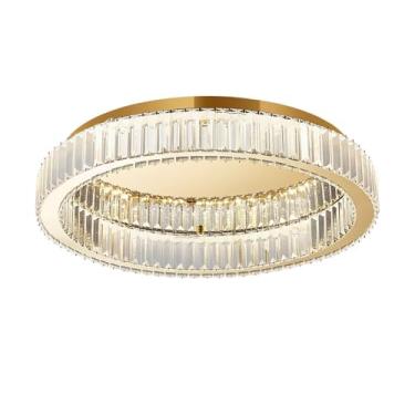 Imagem de Lustre de cristal, luminária de teto dourada embutida, lustre moderno redondo de LED, aço inoxidável, luminária rente ao teto para sala de estar, sala de jantar e quarto