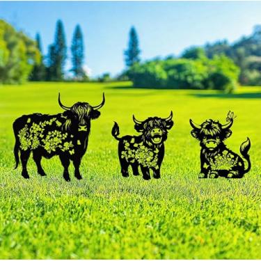 Imagem de GZDDYUMYJX Decoração de gado das terras altas de metal para o exterior, 3 peças de estátuas pretas de silhueta de gado highland decoração de jardim para exterior, arte de quintal, enfeites de gramado