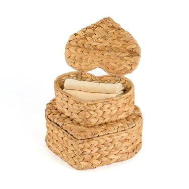 Imagem de LUSYDECO Conjunto de 2 cestas de armazenamento de vime de coração com tampa, caixas decorativas de vime com tampas para decoração de casa, cesta de vime para organizador de prateleira, berçário