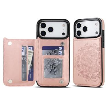Imagem de Capa carteira para iPhone 17 Pro Max, anti-impressão digital com couro sintético durável e TPU, padrão mandala em relevo, à prova de choque, 3 compartimentos para cartão e suporte (ouro rosa)