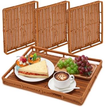 Imagem de Tiangrid 4 bandejas de vime com alças de vime de vime de vime 40 x 30 cm bandejas retangulares para servir pratos decorativos para café da manhã, decoração de mesa de café, cama, comida, pão, frutas