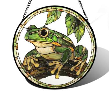 Imagem de DASTOLL Janela de vitral pendurada, sapo, folha verde, apanhadores de sol, painel de vidro colorido, decoração legal para aniversário para mulheres, homens, esposa, tia e mãe, 19,8 cm
