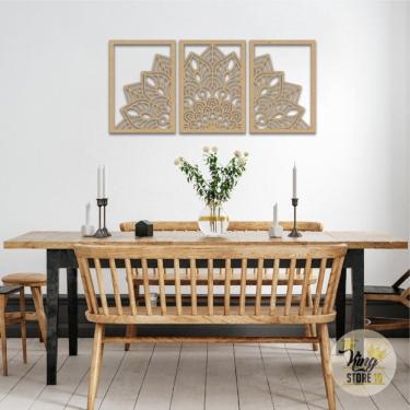 Imagem de Conjunto de 3 pinturas decorativas de mandala em madeira natural e MDF