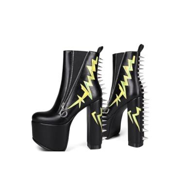 Imagem de Frankie Hsu Bota gótica de salto alto, plataforma grossa, preta, rebites escuros, amarelos, estrela, punk, gótico, Y2K, para mulheres e homens, Preto, 40