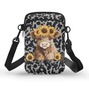 Imagem de Xpyiqun Bolsa transversal para celular feminina de lona pequena tiracolo bolsa transversal, Highland Cow Print Girassol Cinza, One Size