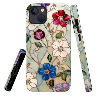 Imagem de heindiy Compatível com iPhone 14 Plus, capa brilhante, proteção total, à prova de choque, anti-arranhões, capa de TPU, capas para homem e mulher - vitral de flor encantadora vintage