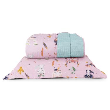 Imagem de Kit Cobre Leito Colcha Solteiro Infantil Lutti Dupla Face 200 Fios 2 Peças Raposa Foxy Rosa