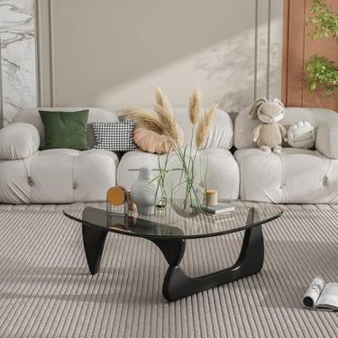 Imagem de EASYSOUL Mesa de centro de vidro moderna, 83 cm P x 57 cm L x 40 cm A, mesas de chá redondas abstratas para sala de estar, escritório, mesas de coquetel industriais (vidro preto transparente, 83 cm)