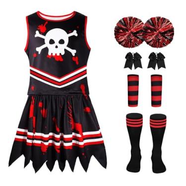 Imagem de LiuSuper Zombie Cheerleader Costume for Girls, Bloody Skull Cheerleading Outfit for Halloween, Scary Kids Role Play Costumes Red Black