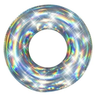 Imagem de Boia Inflavel Circular Redonda Iridescente Cintilante Neon Prateada Boia Piscina Ideal Piscina Praia Fotos