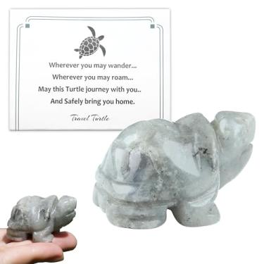 Imagem de NUKAYAI Presentes de viagem de tartaruga de pedra da lua para mulheres, estatuetas de tartaruga labradorita branca esculpidas à mão pedra de cura decoração de escritório boa sorte tartaruga marinha