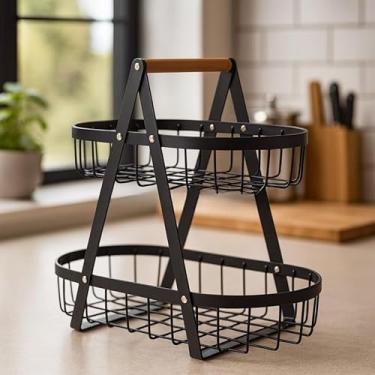 Imagem de Fruteira de Ferro com Detalhes em Madeira – Aramado Decorativo, Organizador de Frutas para Cozinha e Mesa (FRUTEIRA OVAL PRETA 32X18CM)