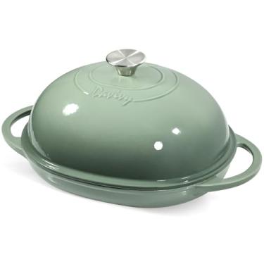 Imagem de Davivy Forma oval de ferro fundido com tampa de 6 qt, forno holandês para pão de fermento, assadeira antiaderente de ferro fundido com tampa, com tapete de silicone - verde sal marinho