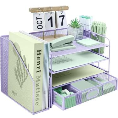Imagem de Organizador de arquivos de mesa de 4 camadas com classificador de arquivos extra vertical, bandeja de papel com suporte de gaveta de papelaria, bandejas de arquivo de mesa de papel A4, suporte de