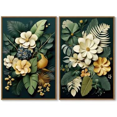 Imagem de 2 peças de arte de parede botânica flor natural verde amarelo impressão em tela pintura plantas florais tropicais imagens decoração de parede para sala de estar quarto banheiro decoração de escritório