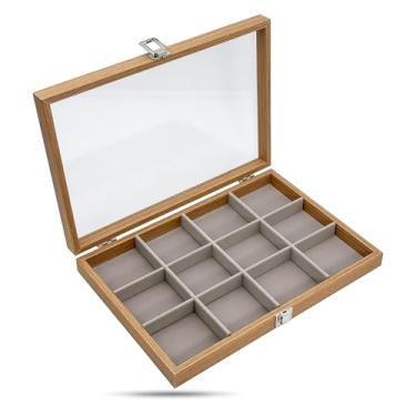 Imagem de TheDisplayGuys For Your Modern Living Caixa de joias de madeira para viagem com tampa de vidro temperado - Armazenamento de brincos - Organizador de veludo com 12 compartimentos (carvalho natural) da