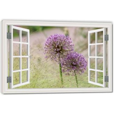 Imagem de Impressão em tela de janela falsa de dente-de-leão roxo, arte de parede cênica virtual para decoração de sala de estar emoldurada 30 x 45 cm