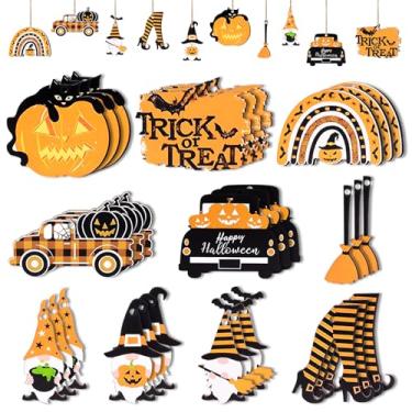 Imagem de 30 peças de enfeites de madeira para pendurar no Dia das Bruxas – Abóbora, Bruxa, Gato Preto, Caminhão e Vassoura Recortes com corda – Decorações de árvore de Halloween de madeira rústica para casa