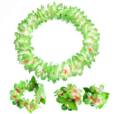 Imagem de Kinteshun Conjunto de Leis havaiano, colar de luau de flor artificial engrossada e pulseira, conjunto de guirlanda Lei para tema de praia tropical ou decoração de festa de Halloween, suprimentos de