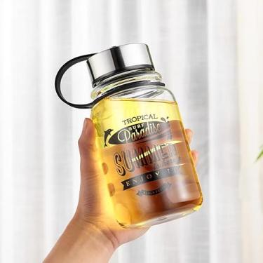 Imagem de 1 garrafa de água de vidro com tampa de aço inoxidável, design de verão tropical paradise, boca larga 382 g